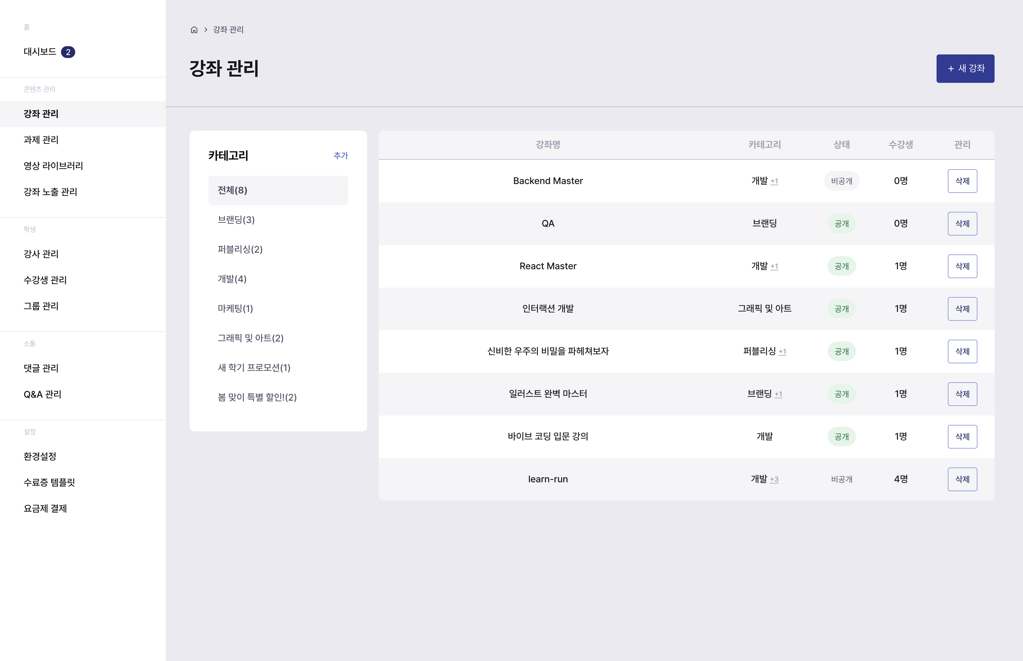 강좌와 강의 순서를 구성하는 런런 강좌 관리 화면